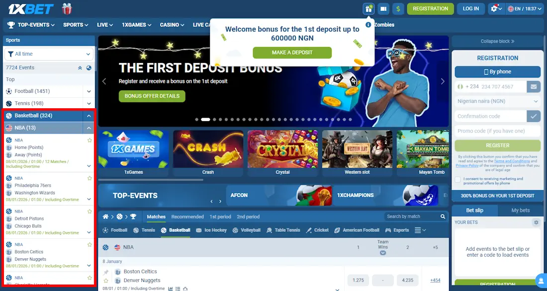 1xBet Basketball NBA Betting Screenshot